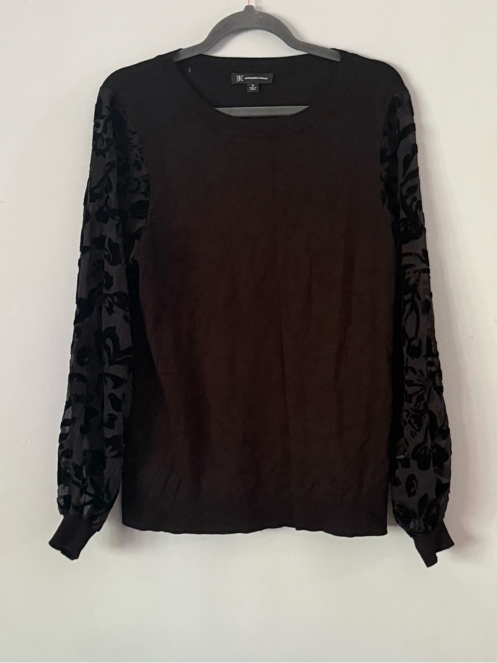 INC Black Velvet Floral Burnout Sleeve Sweater Size XL